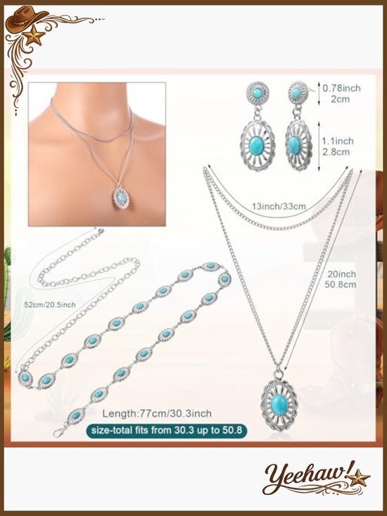 Western Cowboy Hat Set with Silver Jewelry and Turquoise Belt, Adjustable Fit main image 5